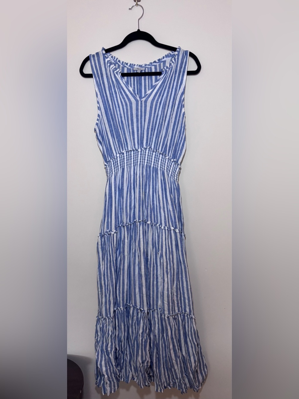 Rails Lou Lou Jalisco Stripe Linen Blend Tiered Midi Dress Blue White L
